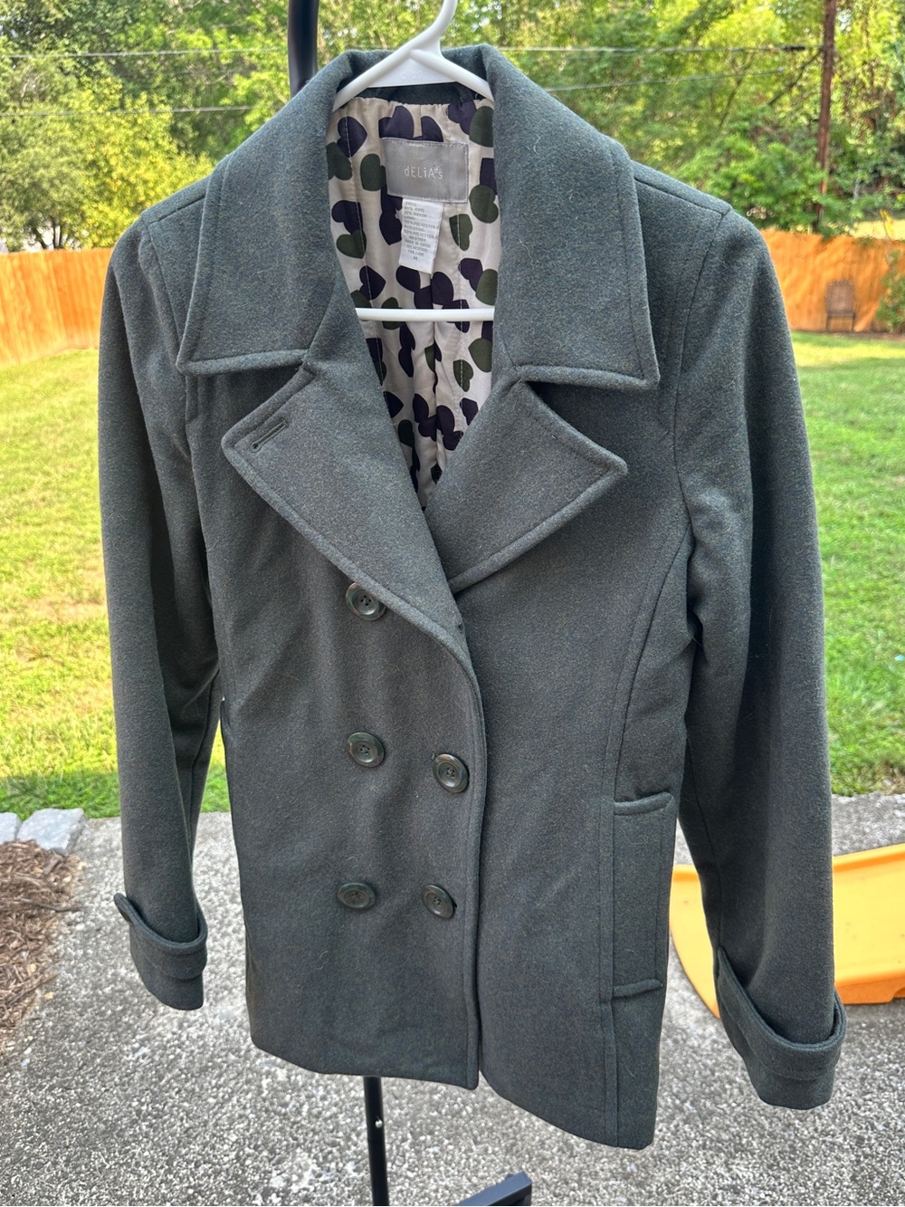 Delia’s Olive Green Wool Blend Peacoat Button Front Heart Lining M